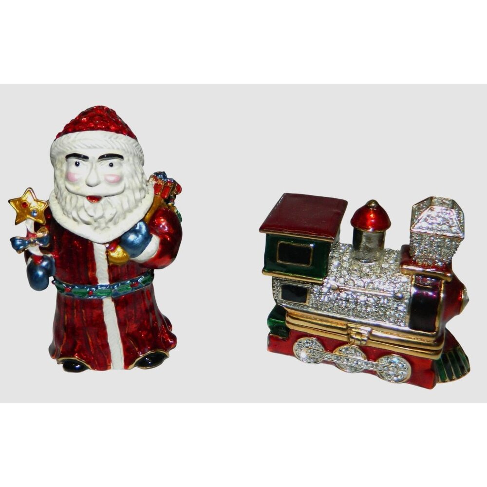 Santa Claus & Train Figurine Hinged Trinket Boxes Enamel Rhinestone Accents